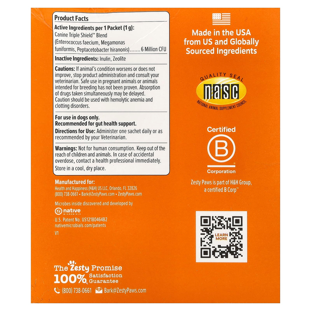Zesty Paws, Vet Strength™, Native Canine Probiotic, в порошке, для собак любого возраста, 30 пакетиков по 1 г (0,03 унции)