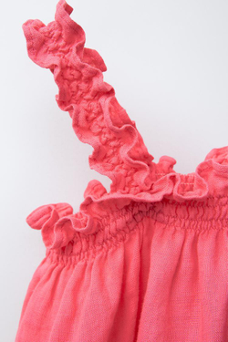 ZARA ТОП ИЗ 100% ЛЬНА С ВОЛАНАМИ, КОРАЛЛОВО-КРАСНЫЙ