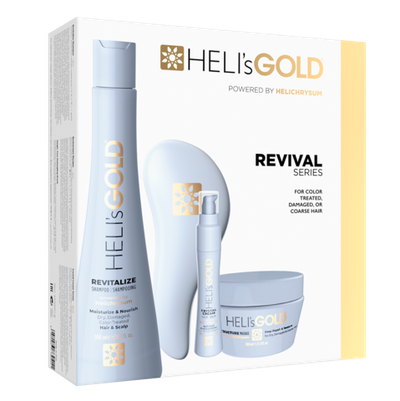 Подарочный набор HELI's GOLD Revival Series: шампунь 300 мл, маска 100 мл, сыворотка 30 мл, расческа