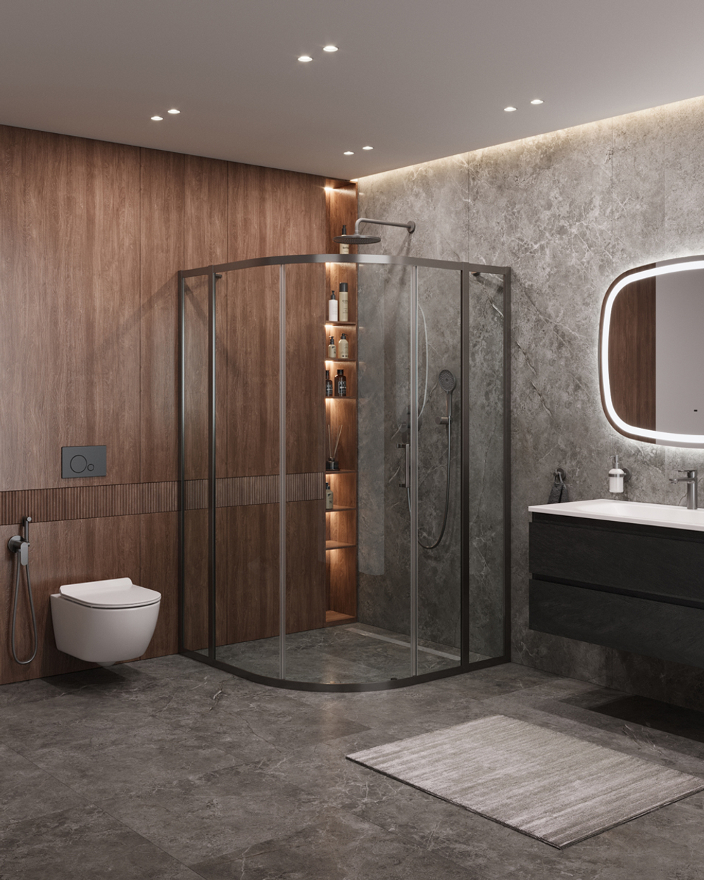 Душевой уголок Cezares MOLVENO-R-11-90+20-C-GM-IV, 110х110х195, профиль оружейная сталь, прозрачное стекло