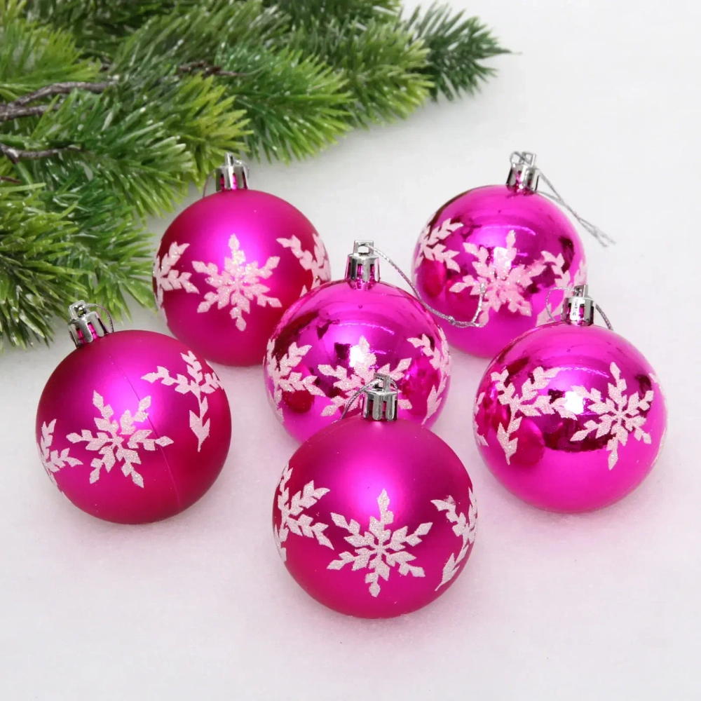 Новогодние шары «Снежный шарм» 6 см (набор 6 шт), Фуксия