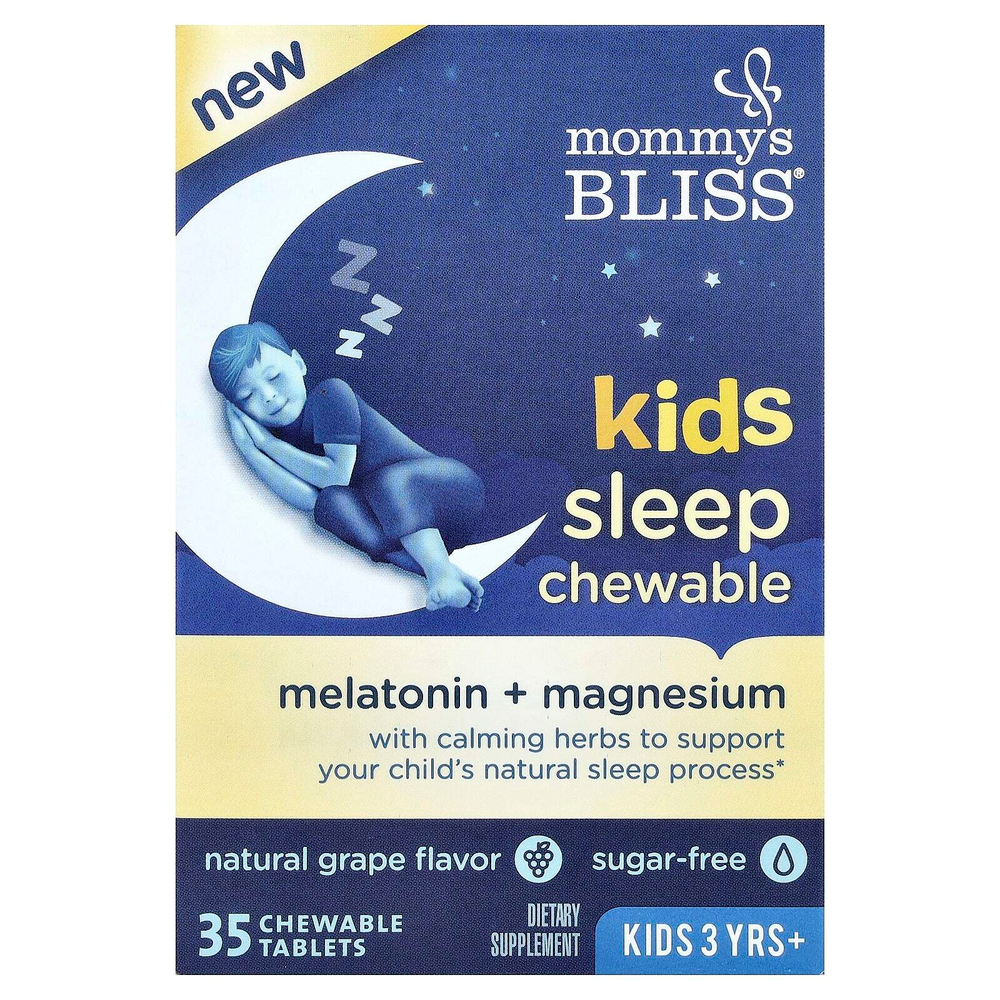 Mommy's Bliss, детские жевательные таблетки для сна, мелатонин и магний, для детей от 3 лет, натуральный виноград, 35 жевательных таблеток