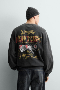 ZARA ТОЛСТОВКА С ЭФФЕКТОМ ПОТЕРТОСТИ И НАДПИСЬЮ, АНТРАЦИТОВО-СЕРЫЙ