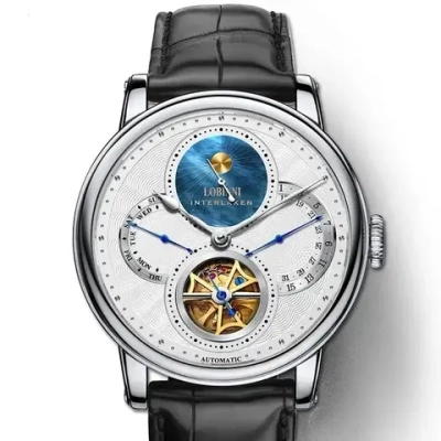 Часы наручные механические с автоподзаводом ПРЕМИУМ LOBINNI на кожаном ремешке, серебристый/черный W9420-01