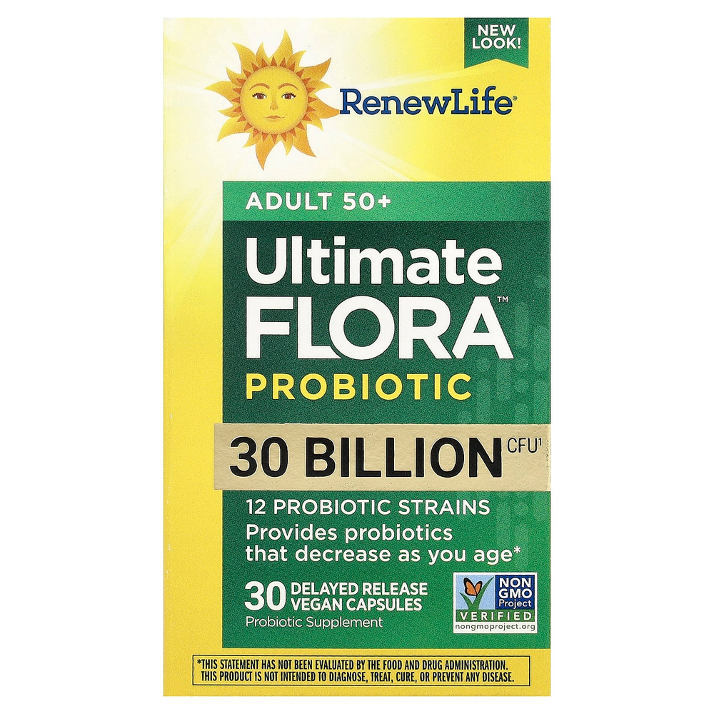Renew Life, Ultimate Probiotic Flora™, для взрослых старше 50 лет, 30 млрд КОЕ, 30 веганских капсул с отсроченным высвобождением