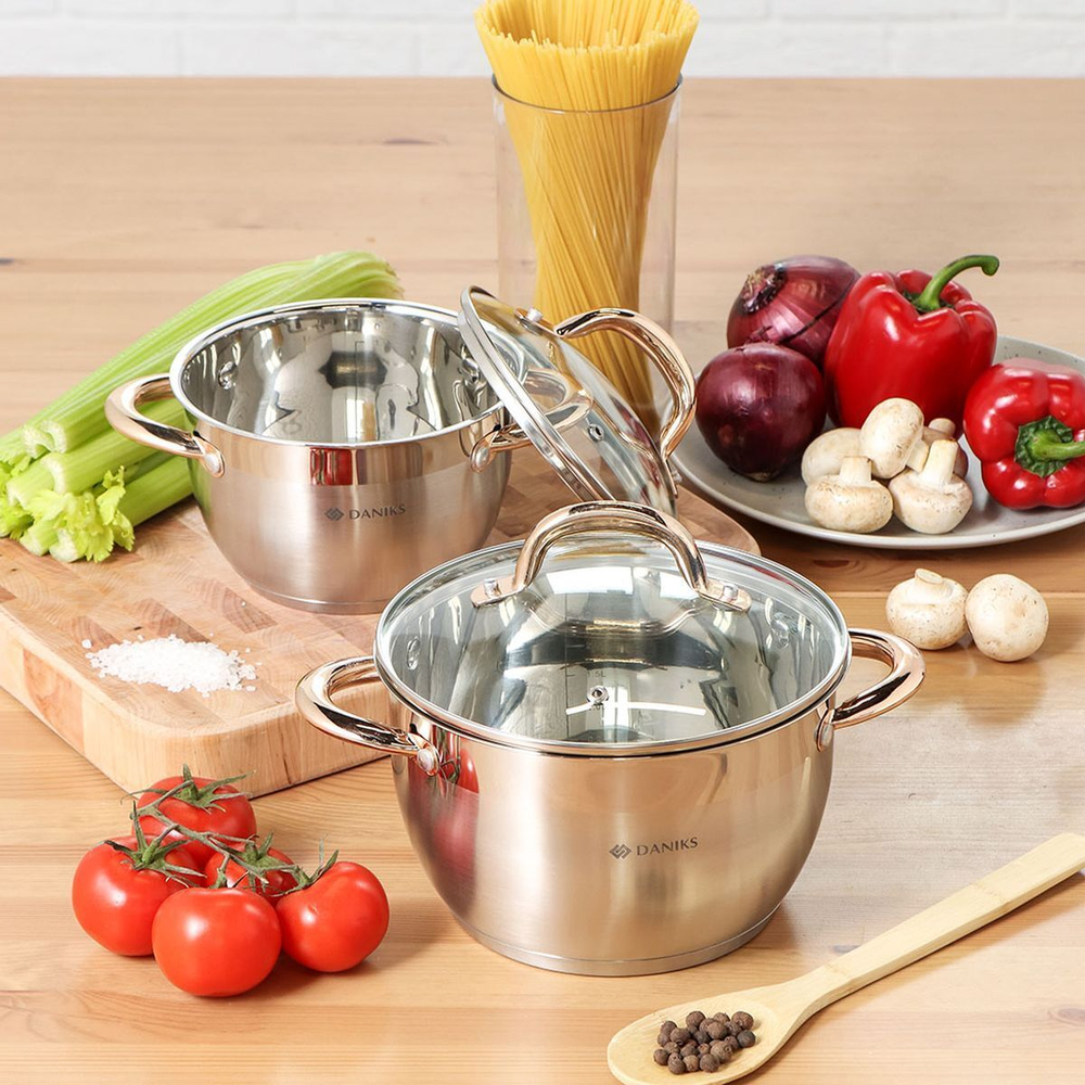 Набор посуды нерж, 4 пр, кастрюли 1.8,3.9 л, индукц, Daniks, Мадрид Gold, SD-334G