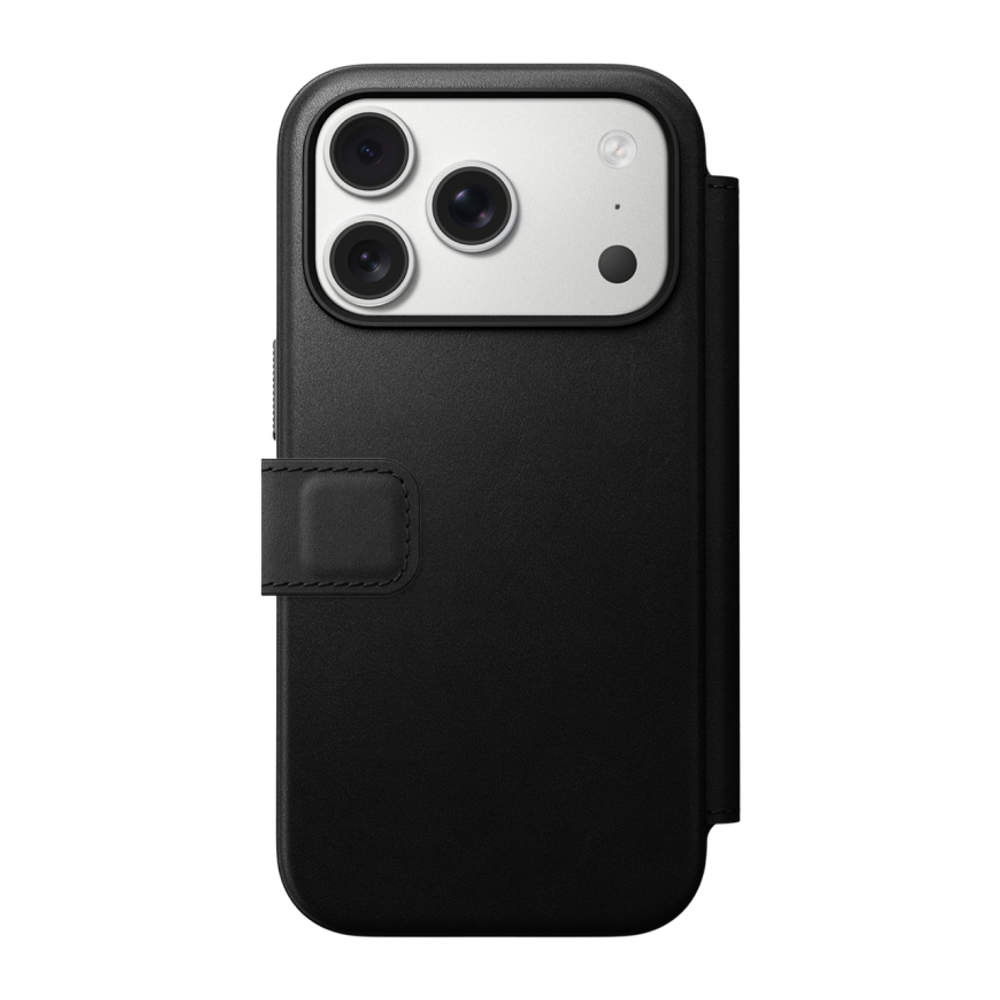 Кожаный чехол-книжка MagSafe Nomad Modern Leather Folio для iPhone 17 Pro Гибридный укреплённый чехол из натуральной цельнозерновой кожи с сенсорной накладкой для Контроллера камеры. Есть отделение для купюр и встроенный картхолдер — вмещает до трёх карт