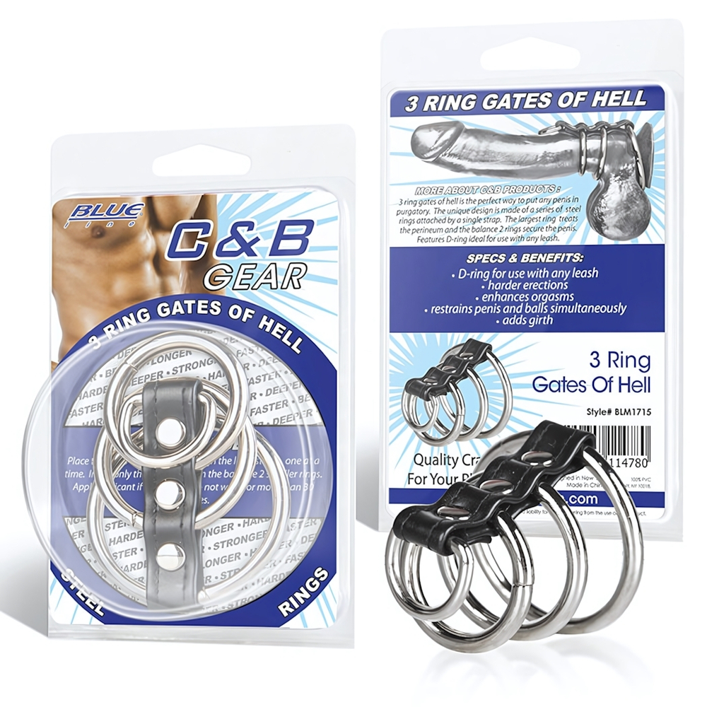 Хомут на пенис из трех металлических колец и кольца для привязи 3 RING GATES OF HELL (Цвет: серебристый с черным)