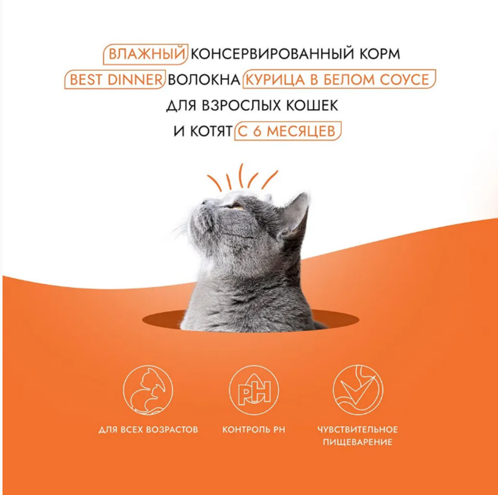 Влажный корм волокна для кошек Best Dinner High Premium 0,085кг курица филе грудки в белом соусе. В комплекте 24 шт