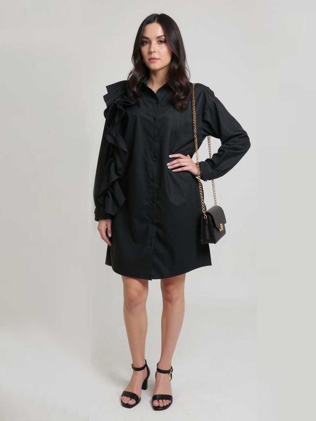 Платье-рубашка с воланом по плечу , черное