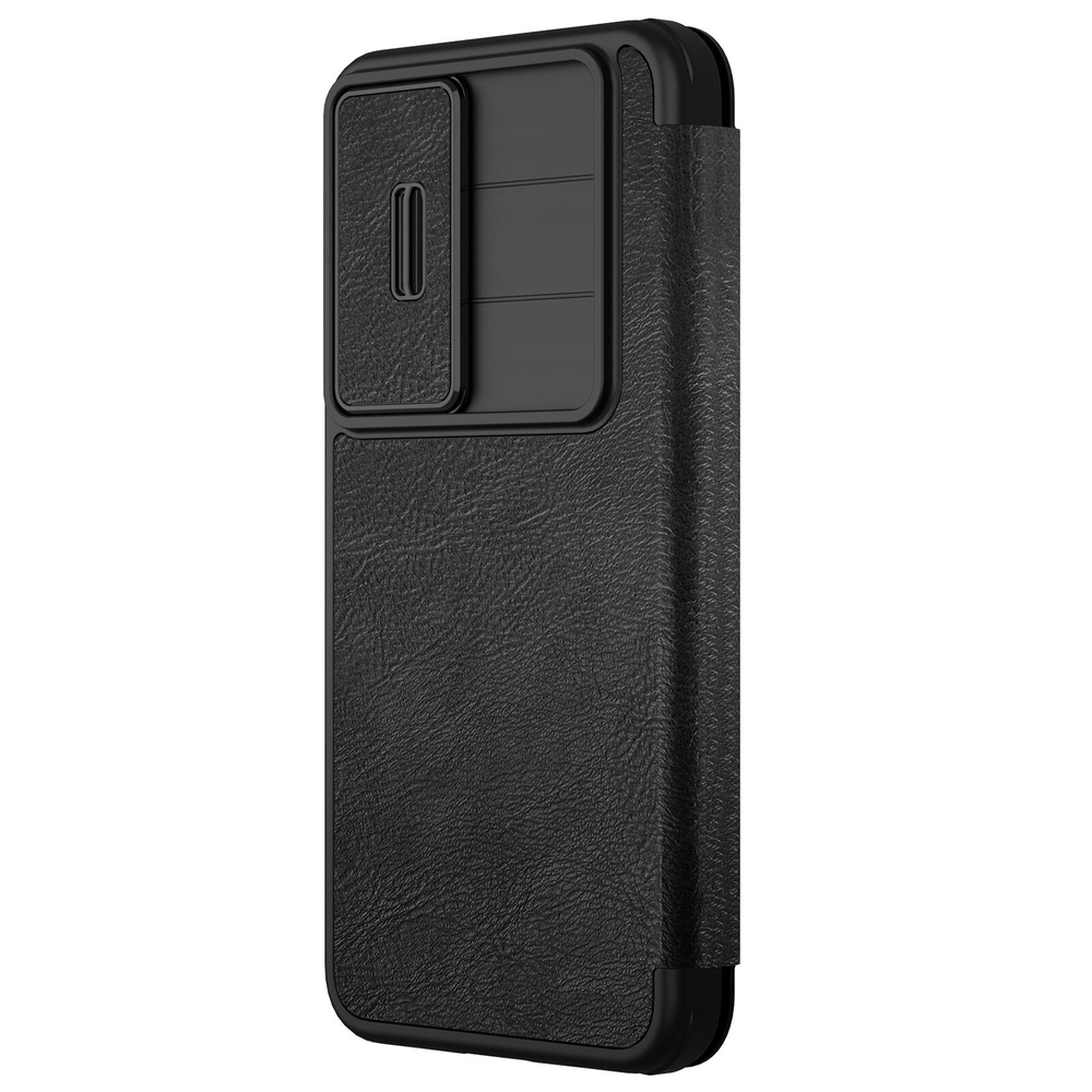 Кожаный чехол книжка черного цвета от Nillkin для смартфона Samsung Galaxy S25+, серия Qin Pro Leather с сдвижной защитной шторкой для камеры