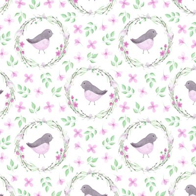 Весенний принт. Пасхальный принт. Сад, птички, гнездо, природа, зелень, цветы и растительность.