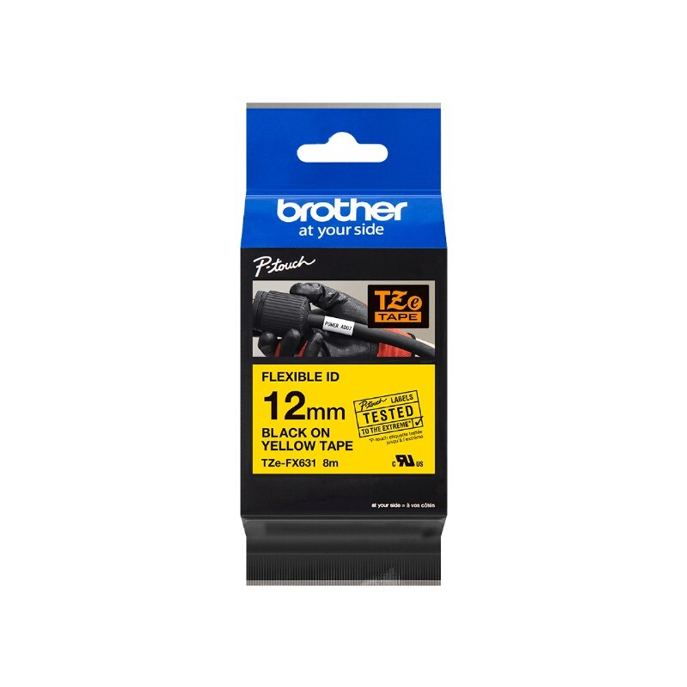 Brother TZE-FX631 кассета с лентой для печати наклеек (эластичная), чёрный шрифт на жёлтой основе, 12мм*8м