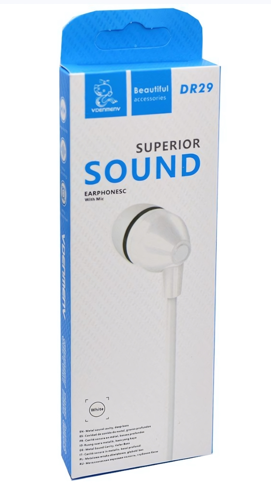 Гарнитура DENMEN DR29, вакуумные, разъем Jack, кабель 1.2 м White