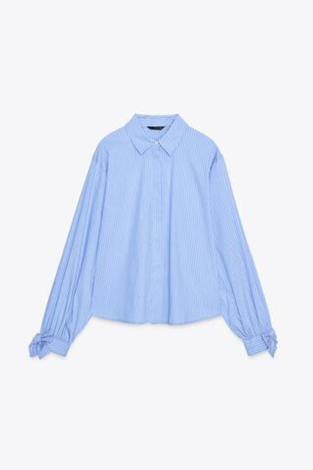 ZARA РУБАШКА ИЗ ПОПЛИНА С ЗАВЯЗКАМИ, СИНИЙ/БЕЛЫЙ