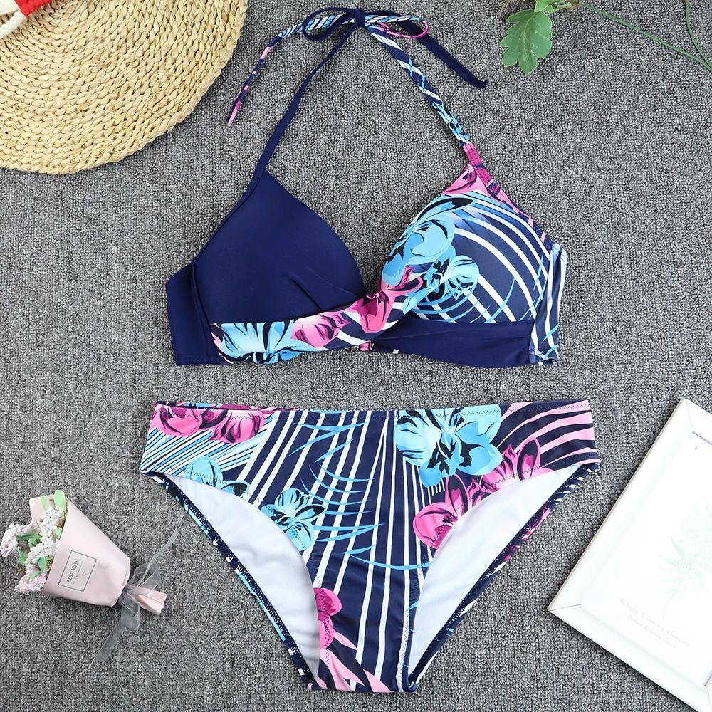 Синий раздельный купальник с принтом в виде орхидей (Размер: XL) (Цвет: разноцветный)