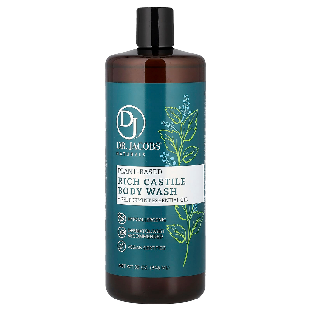 Dr. Jacobs Naturals, Кастильское гель-гель для душа на растительной основе, эфирное масло перечной мяты, 946 мл (32 унции)