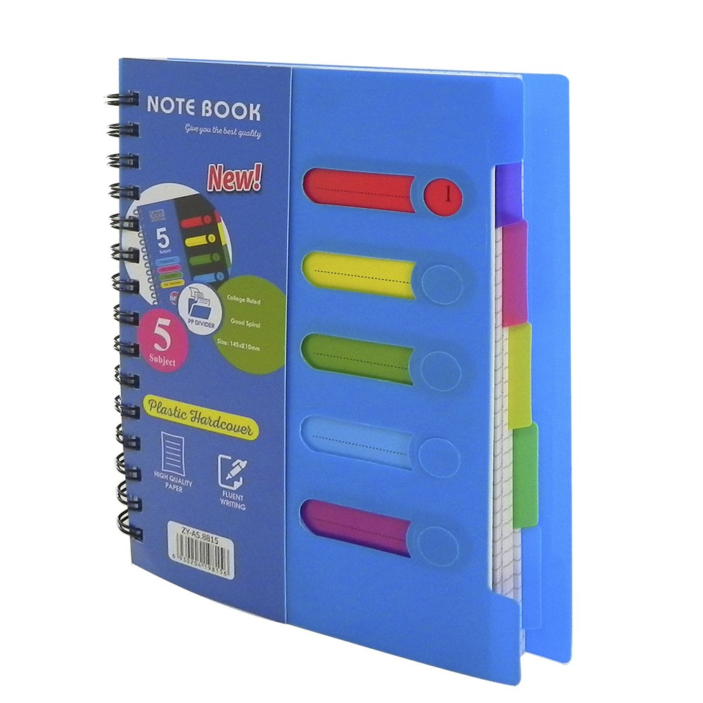 Тетрадь 120л., А5, клетка, Alingar "Colledge ruled", гребень, пластиковая обложка с информ окнами, цветные пластиковые разделители, ассорти 4 цвета