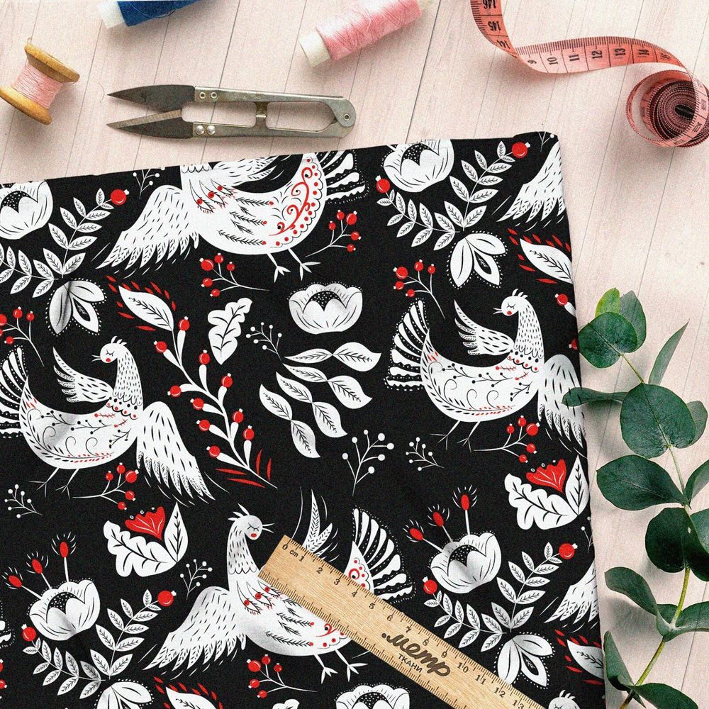 Ткань дюспо белая на чёрном роспись