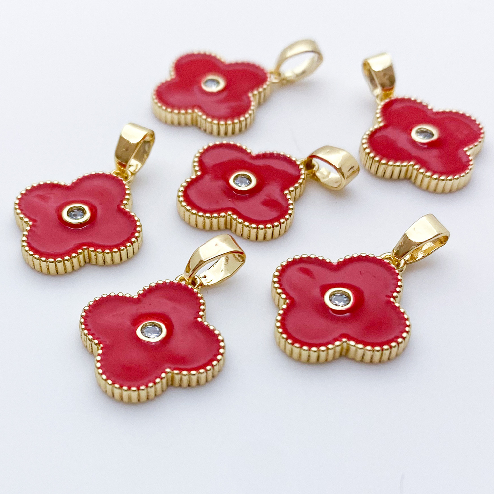 Подвеска Клевер, цвет золото+красный, размер 16*14 мм, цена за 1 шт