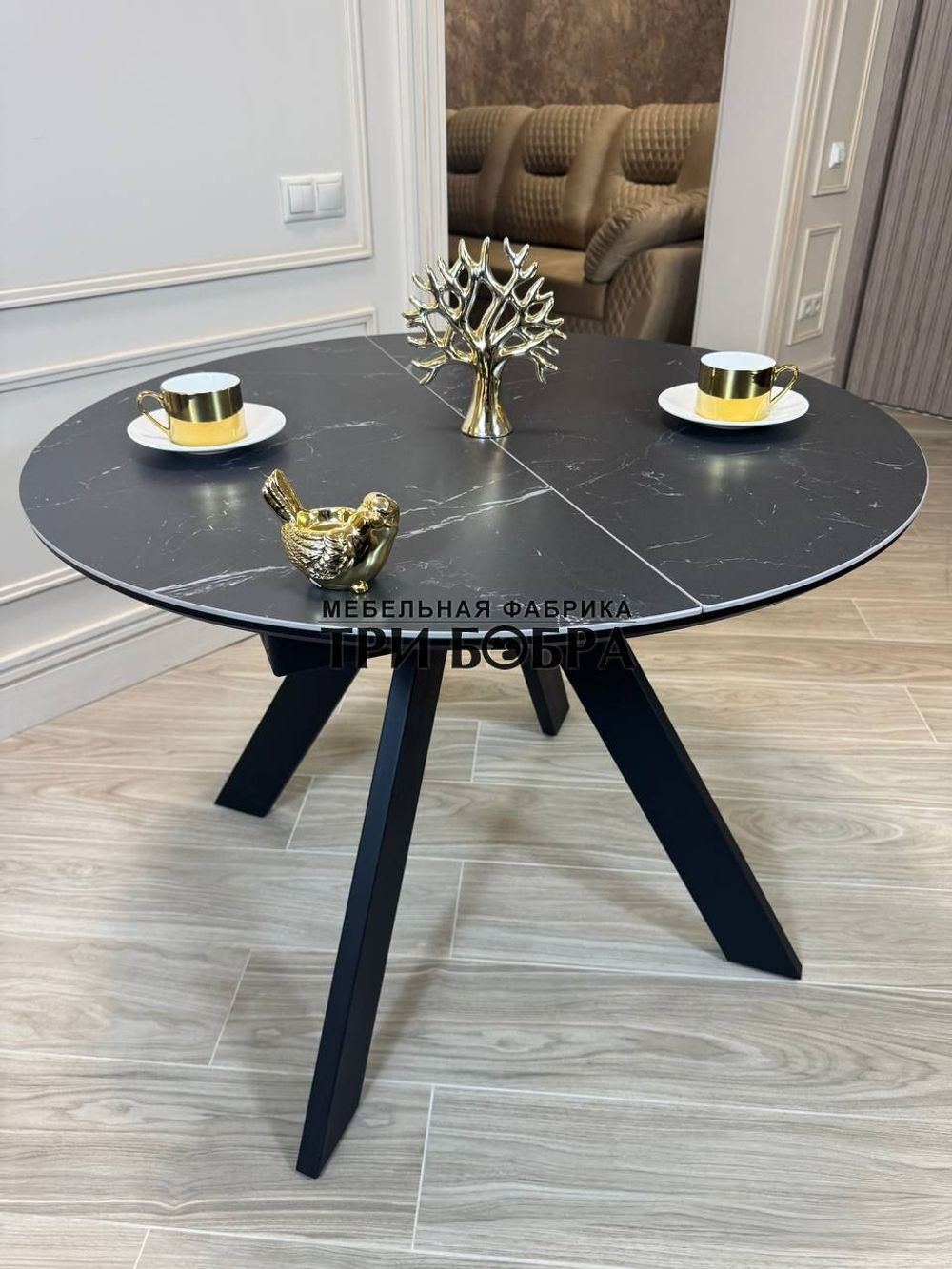 Круглый стол "Бонжур", керамогранит, черный мрамор