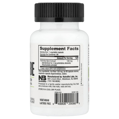 NutraBio, Йохимбе, 90 капсул (100 мг на капсулу)