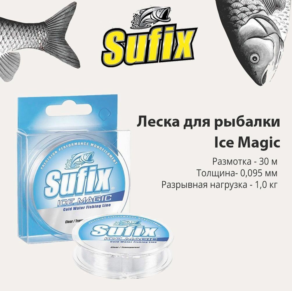 Леска для рыбалки SUFIX Ice Magic прозрачная 30м 0.095мм 1кг (1 штука)