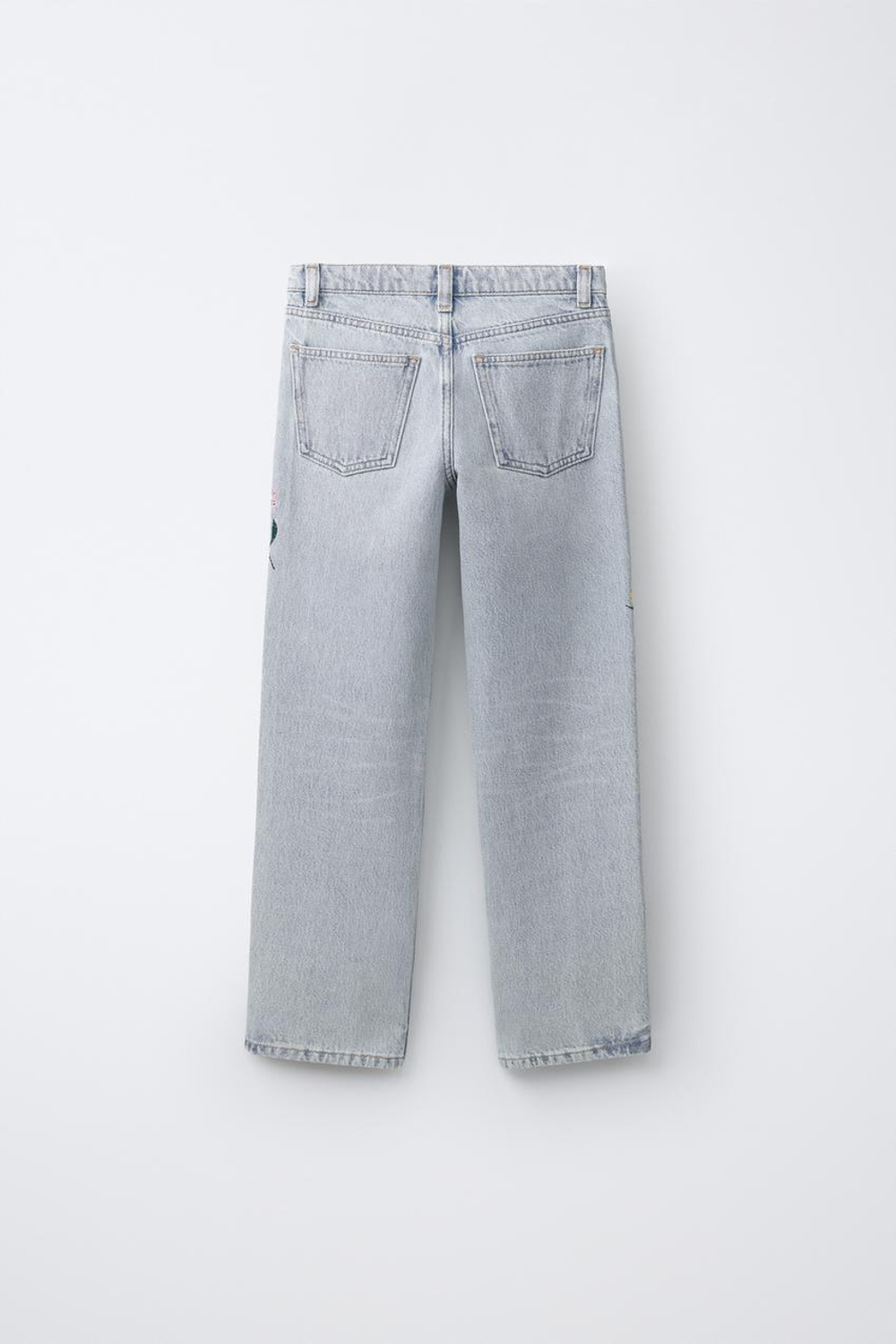 ZARA ДЖИНСЫ STRAIGHT С ВЫШИВКОЙ ЦВЕТОВ, СИНИЙ