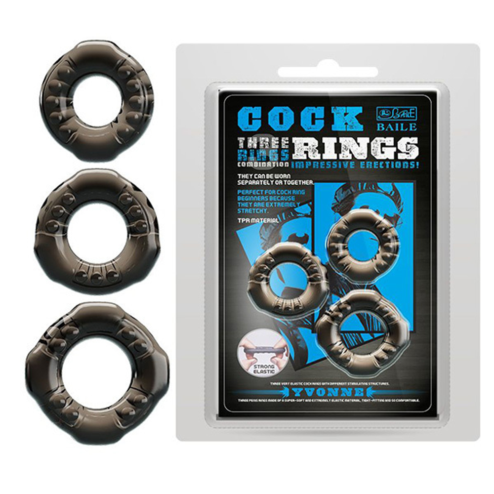 Набор из 3 эластичных дымчатых эрекционных колец 3,8см, 3,9см и 4,4см Baile BI-210263