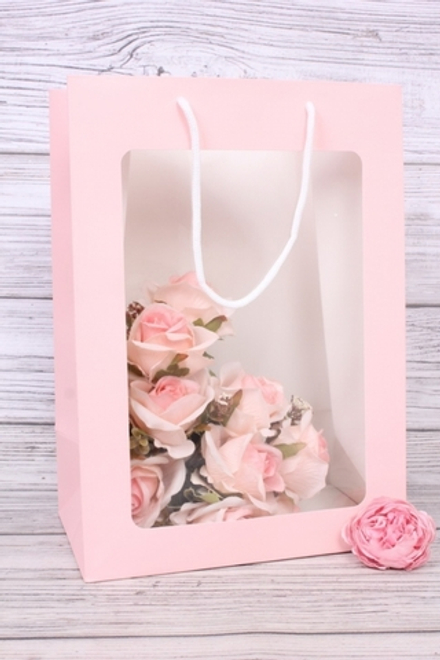 Пакет подарочный M вертикальный с окном, Розовый, 26*32*15 см (Д*В*Ш)