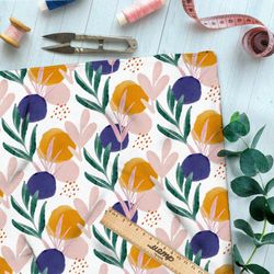 Ткань габардин цветные круги и листва на белом фоне