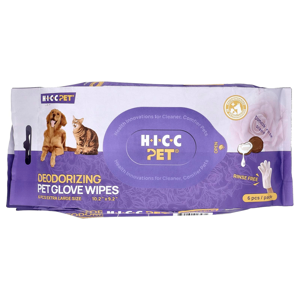 HICC Pet, дезодорирующие салфетки для перчаток, очень большие, дамасская роза, в упаковке 3 шт., по 6 шт.