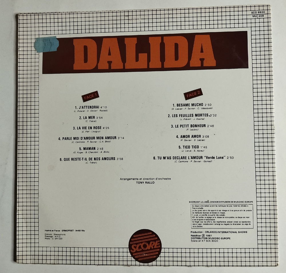 Винтажная виниловая пластинка LP Сборник Dalida (France 1981)