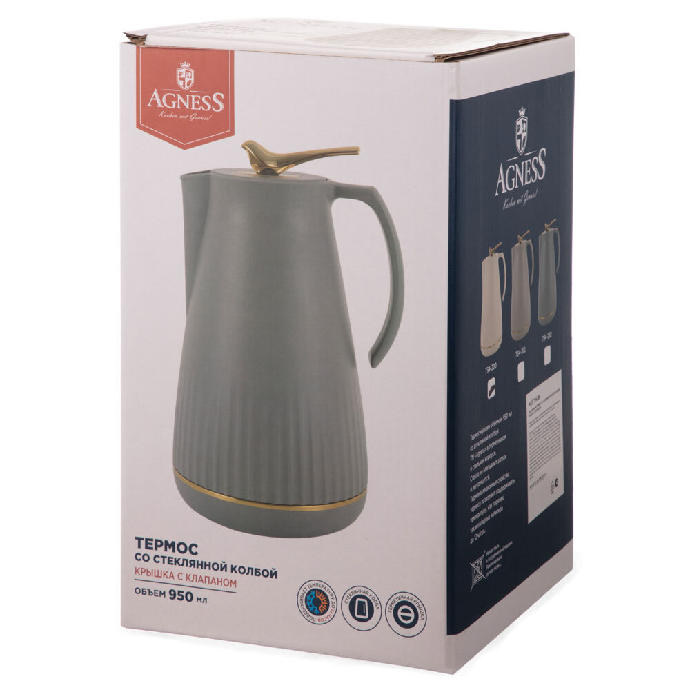 Термос 0,95л со стеклянной колбой, крышка с клапаном, 734-200