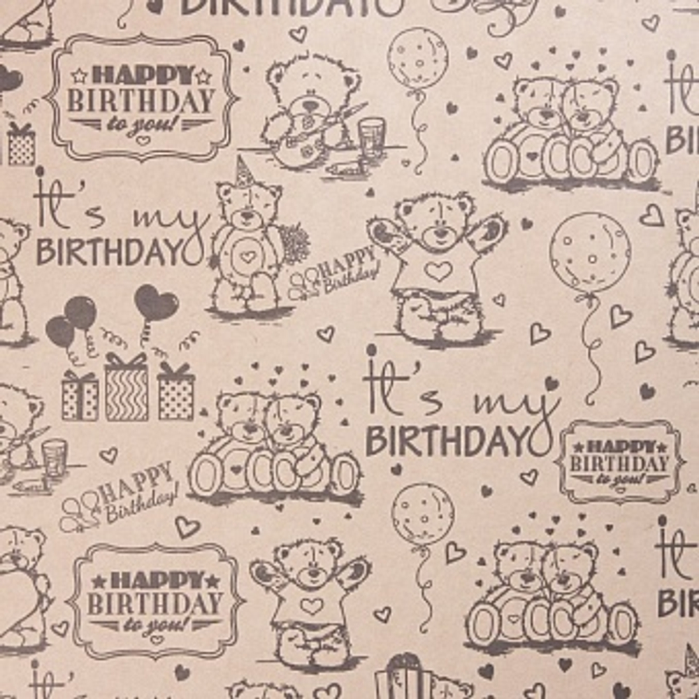 Упаковочная бумага, Крафт (0,7*1 м) Мишки Тедди, Черный