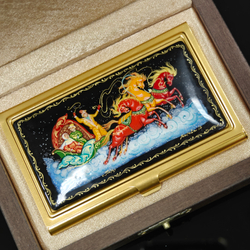 Коллекционная визитница персональная "Тройка" с ручной росписью Палех