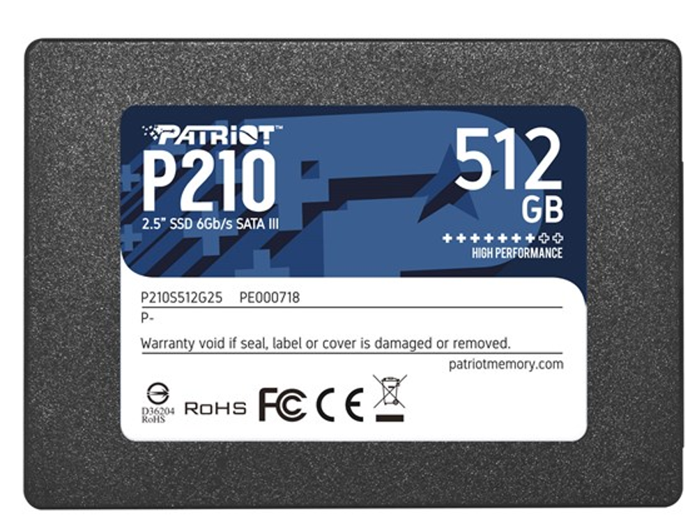 SSD Patriot P210 512Гб, 2.5", SATA3, Retail, Чтение:520мб/с, Запись:430мб/с, радиатор (P210S512G25)
