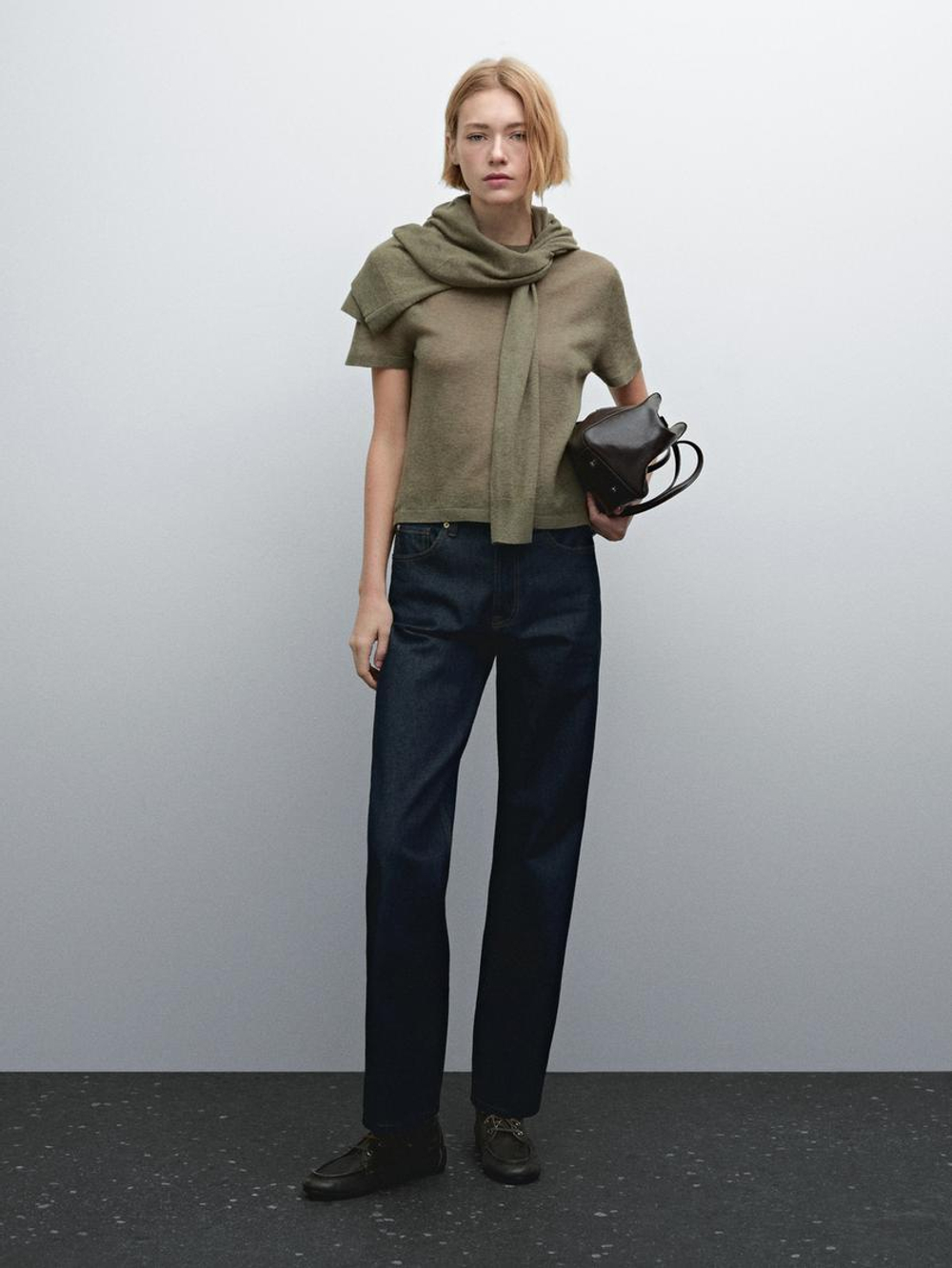 Massimo Dutti Футболка из 100% шерсти ажурной вязки, зеленоватый