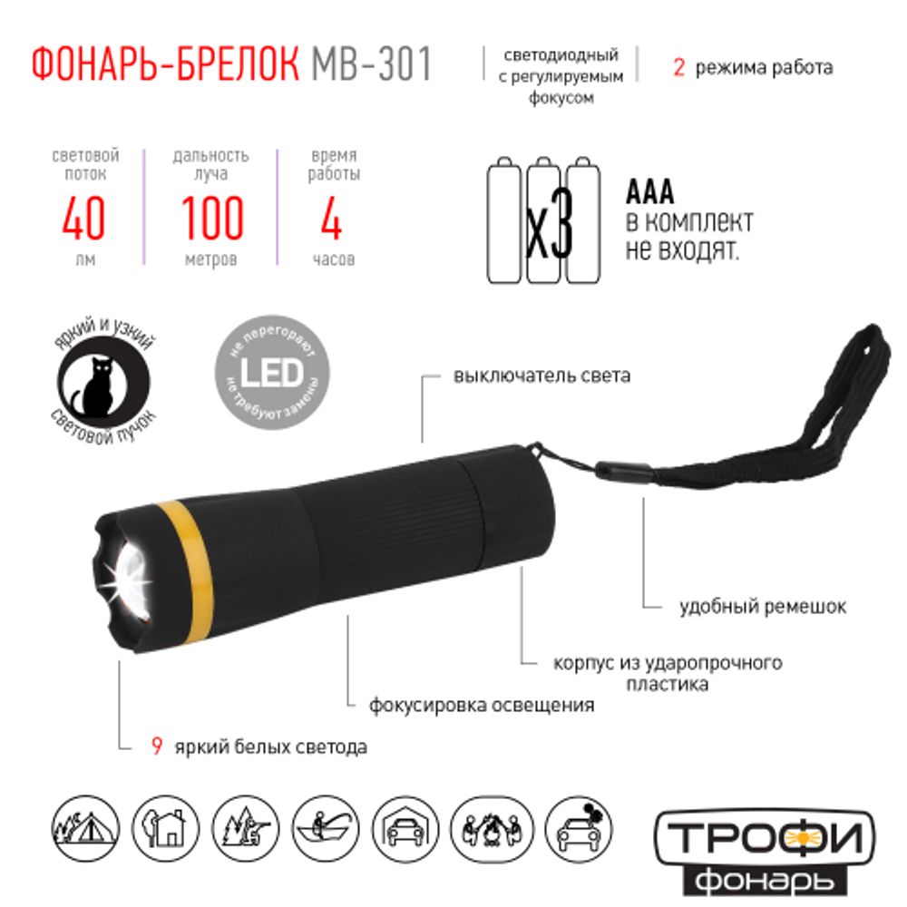 Светодиодный фонарь Трофи MB-301 ручной на батарейках с регулируемым фокусом | Универсальные  фонари