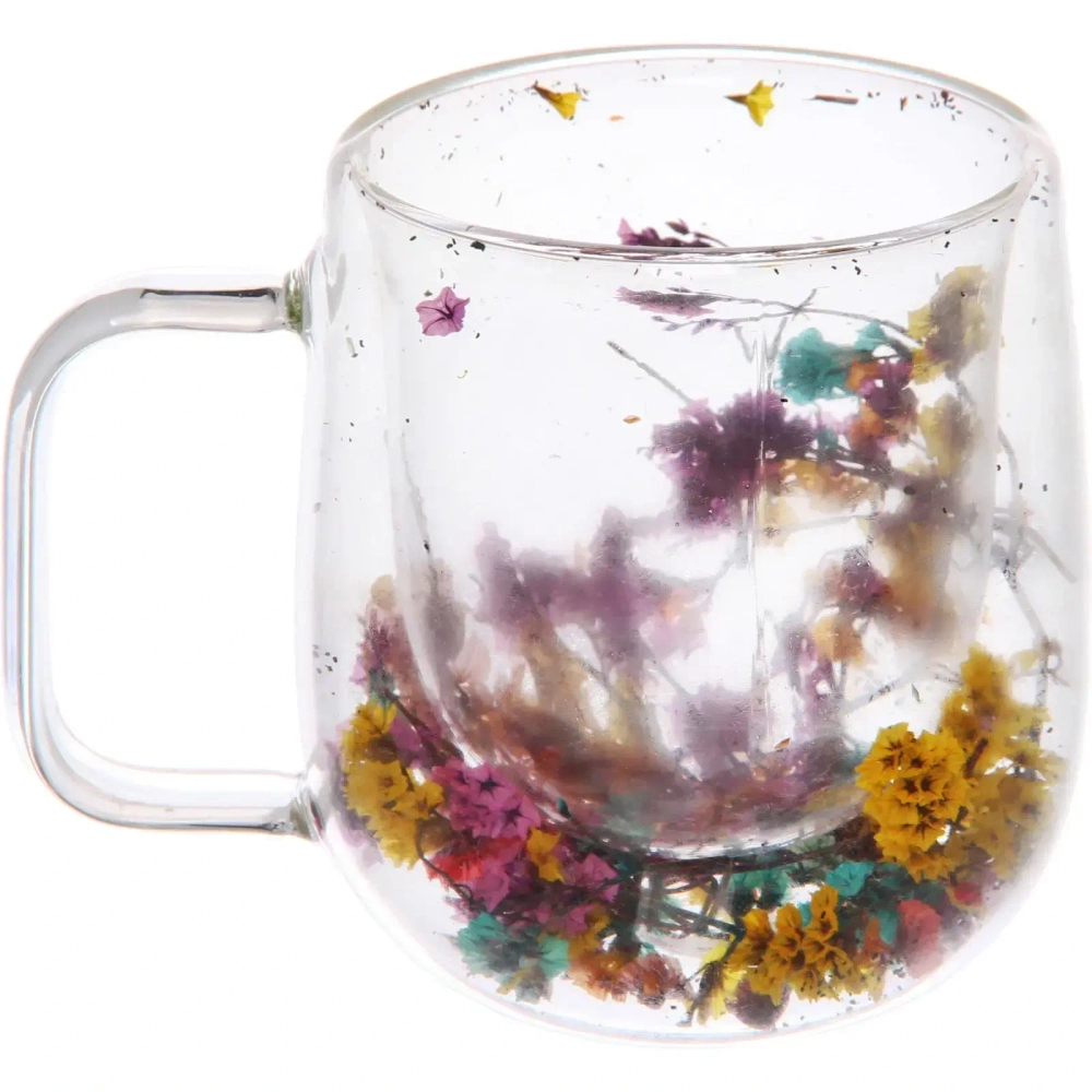 Кружка стеклянная с двойными стенками 250мл «Хай-Тек» с цветами