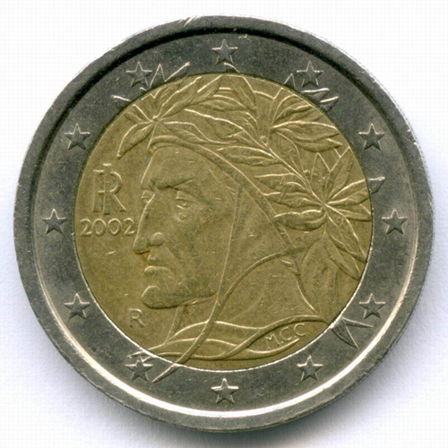 2 евро 2002 год. Италия. Регулярный выпуск. Тип 1. Биметалл VF-XF
