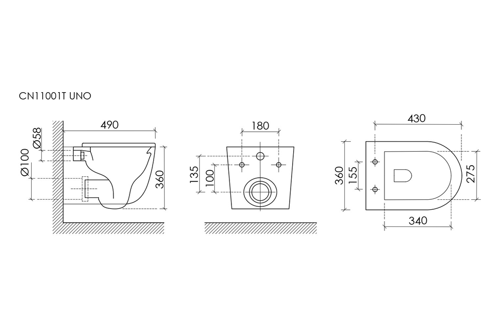 Подвесной унитаз CERAMICANOVA Uno смыв Торнадо 490x360x360 белый