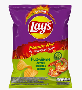 ЧИПСЫ LAYS FLAMING HOT РИФЛЕНЫЕ ОСТРАЯ КРЕВЕТКА ВАСАБИ 105ГР