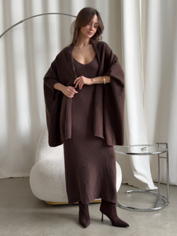 Комплект вязаный, длинное платье на лямках и короткий кардиган