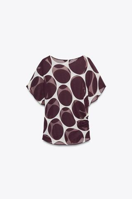 ZARA ПОЛУПРОЗРАЧНЫЙ ТОП В ГОРОШЕК, ЭКРЮ/ГРАНАТОВЫЙ