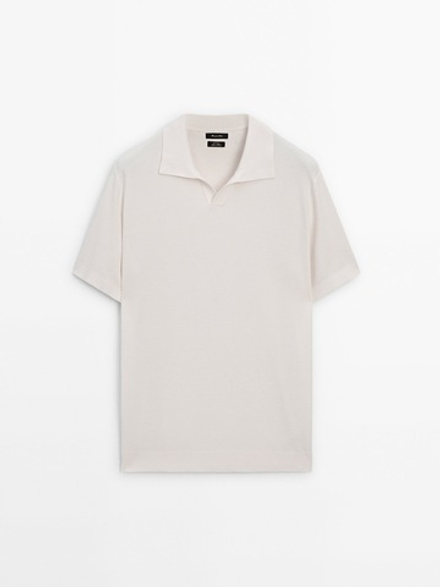 Massimo Dutti Свитер с воротником поло и короткими рукавами, натуральный, кремовый