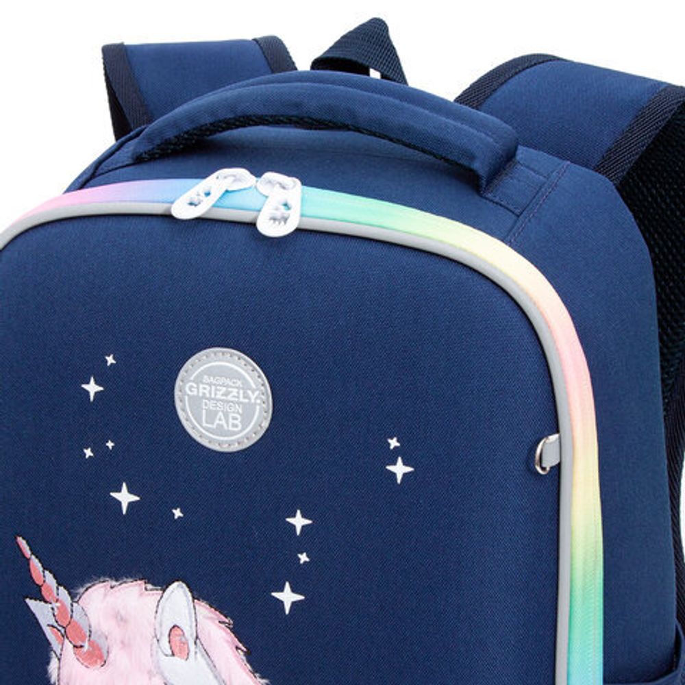 Ранец GRIZZLY, анатомическая спинка, LED лампочки, для девочек, "STAR UNICORN", 37х26х16 см, RG-265-2/1