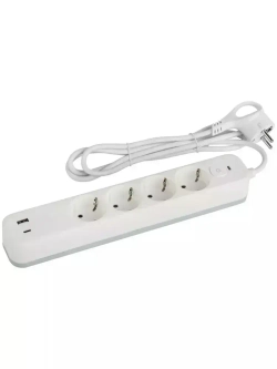 Сетевой фильтр Intro SFE415-2xUSBAC-W с базовой защитой с заземлением с выключателем 4 розетки+USB-A+Type C 3,1A 1,5м 10А / удлинитель сетевой 1,5м