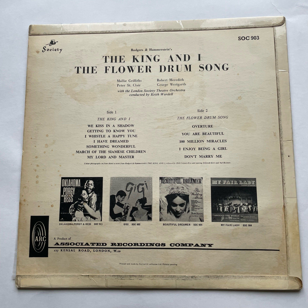 Винтажная виниловая пластинка LP Mollie Griffiths, Peter St. Clair, Robert Meredith, The King and I, Песня цветочного барабана The Flower Drum Song (Англия 1965)
