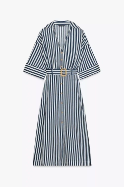 ZARA ПЛАТЬЕ-МИДИ ИЗ СМЕСОВОГО ЛЬНА В ПОЛОСКУ, СИНИЙ/БЕЛЫЙ